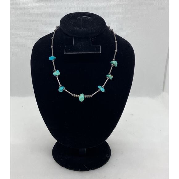 Native American Silver Bead, Turquoise Nuggets Vintage Necklace Choker 15” - Picture 2 of 8